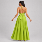 Backless Halter Neck Maxi Dress - Deep V-Neck Tiered Boho Sundress for Beach Vacation - Luxxella