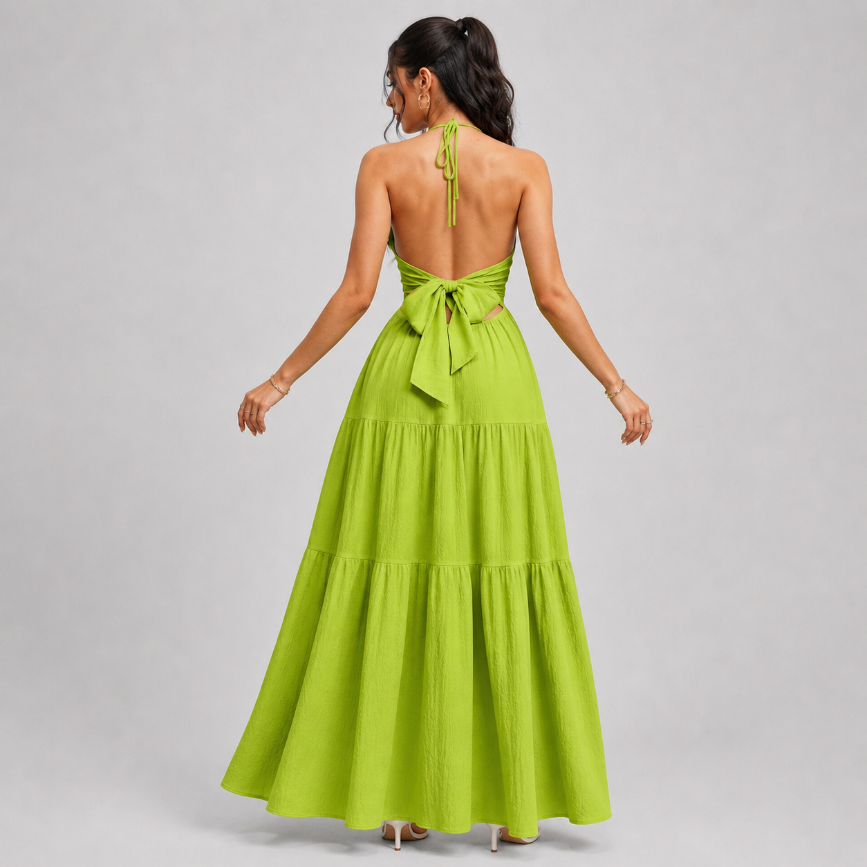 Backless Halter Neck Maxi Dress - Deep V-Neck Tiered Boho Sundress for Beach Vacation - Luxxella