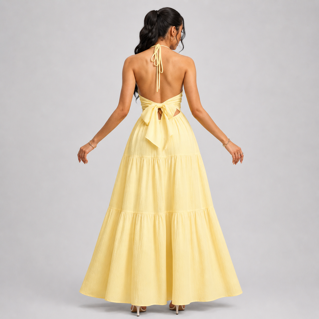 Backless Halter Neck Maxi Dress - Deep V-Neck Tiered Boho Sundress for Beach Vacation - Luxxella
