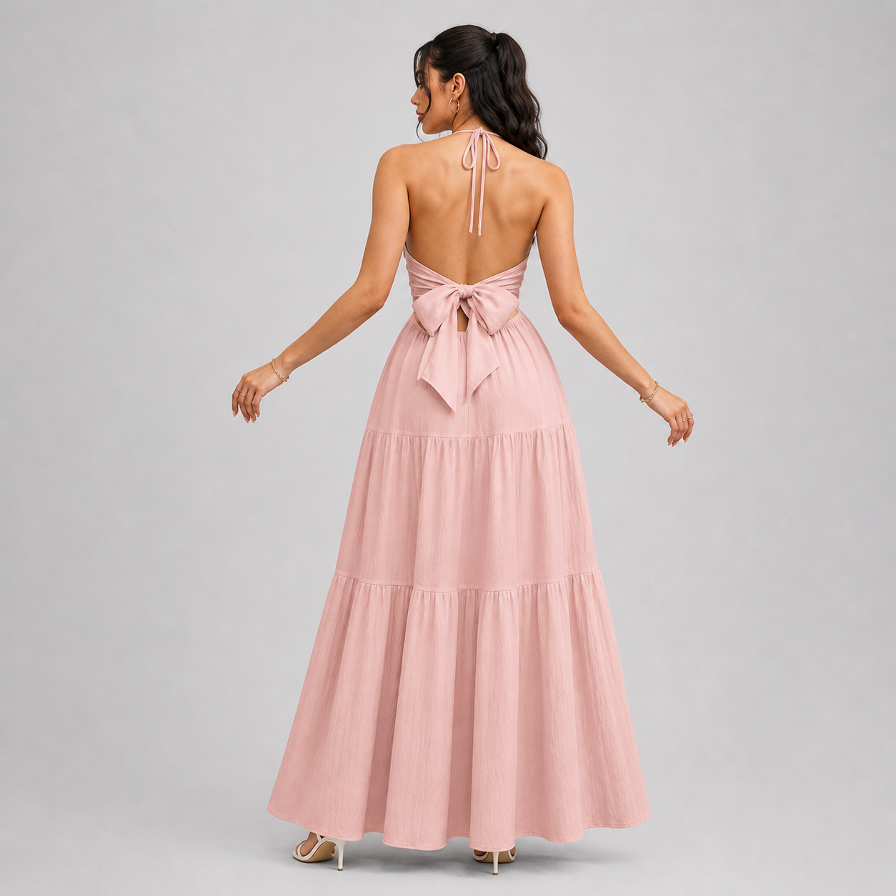 Backless Halter Neck Maxi Dress - Deep V-Neck Tiered Boho Sundress for Beach Vacation - Luxxella