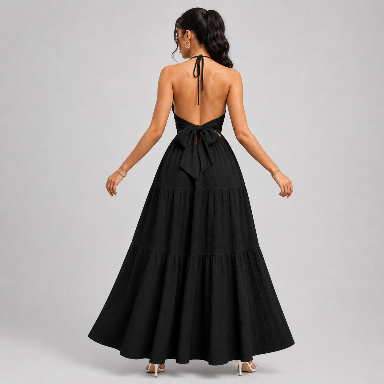 Backless Halter Neck Maxi Dress - Deep V-Neck Tiered Boho Sundress for Beach Vacation - Luxxella