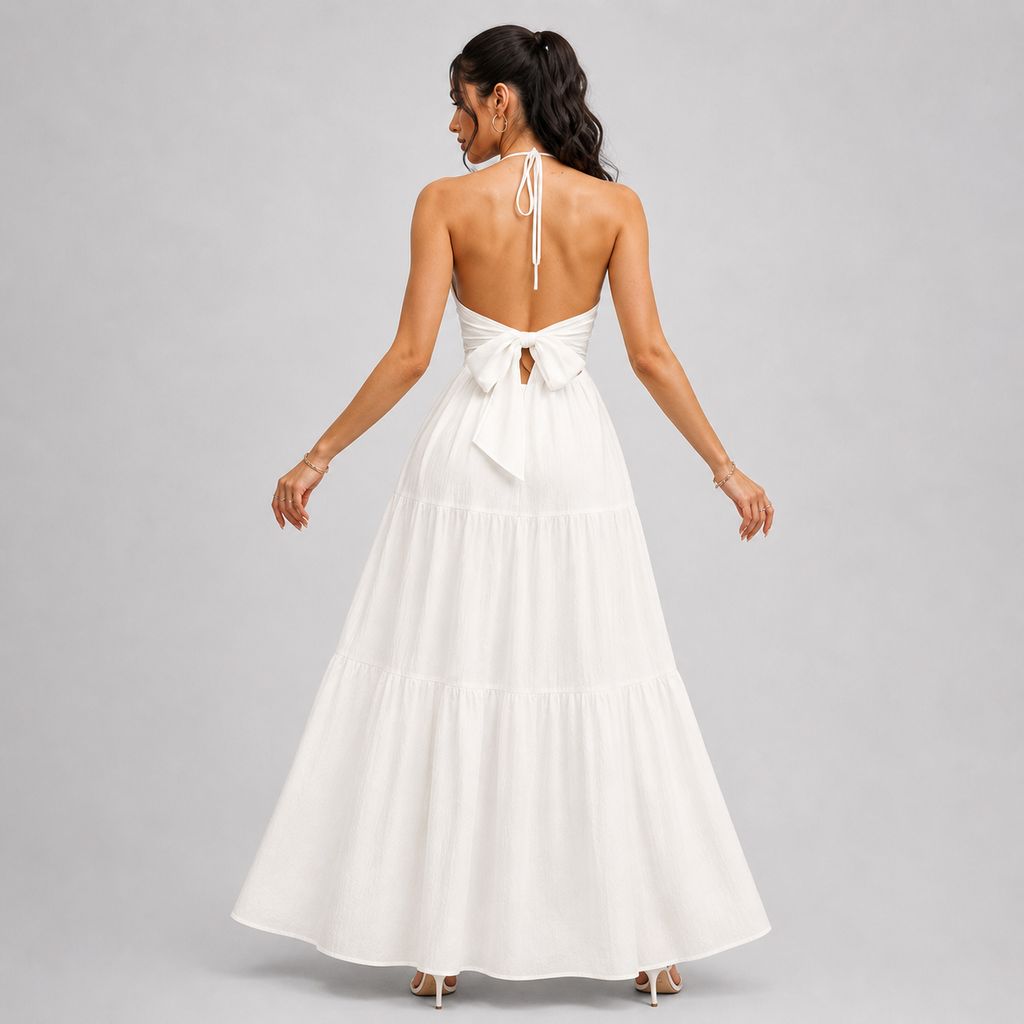 Backless Halter Neck Maxi Dress - Deep V-Neck Tiered Boho Sundress for Beach Vacation - Luxxella