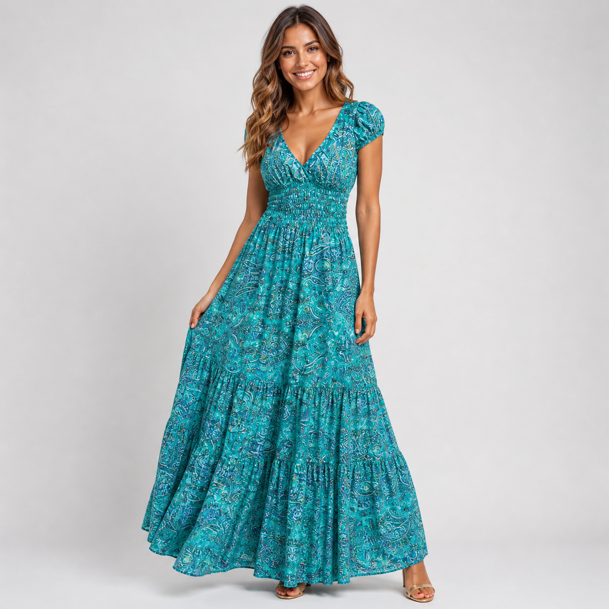 Boho Paisley Print Maxi Dress - Smocked Waist V-Neck Tiered Summer Sundress - Luxxella