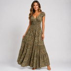 Boho Paisley Print Maxi Dress - Smocked Waist V-Neck Tiered Summer Sundress - Luxxella