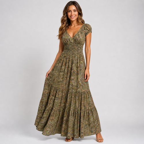 Boho Paisley Print Maxi Dress - Smocked Waist V-Neck Tiered Summer Sundress - Luxxella