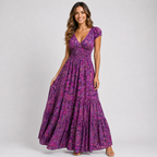 Boho Paisley Print Maxi Dress - Smocked Waist V-Neck Tiered Summer Sundress - Luxxella