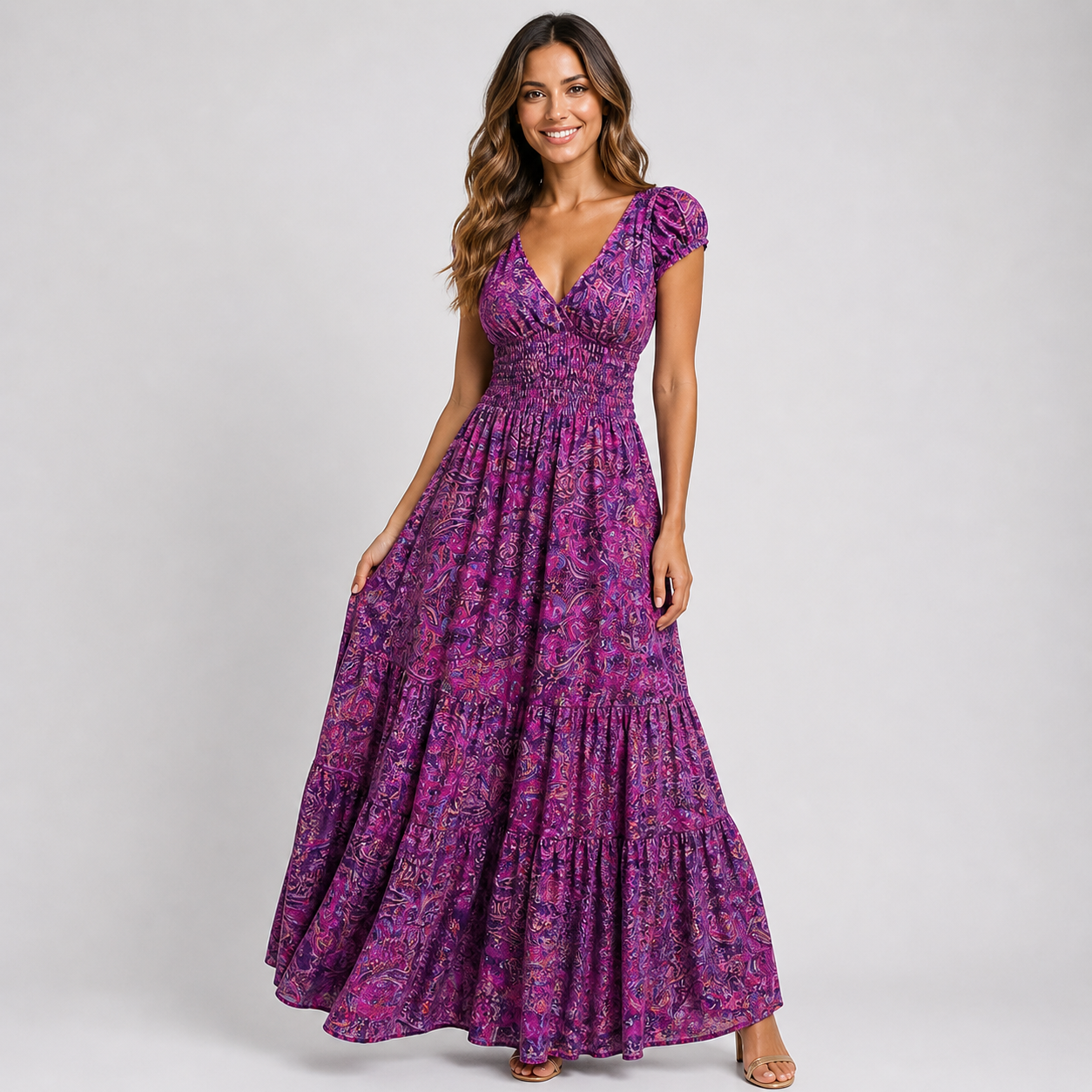 Boho Paisley Print Maxi Dress - Smocked Waist V-Neck Tiered Summer Sundress - Luxxella
