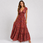 Boho Paisley Print Maxi Dress - Smocked Waist V-Neck Tiered Summer Sundress - Luxxella