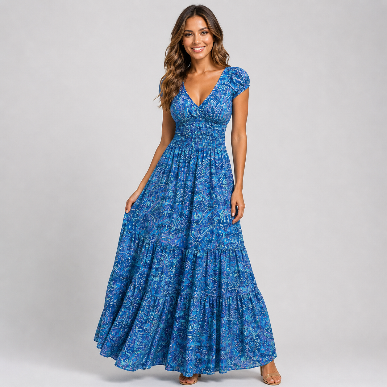 Boho Paisley Print Maxi Dress - Smocked Waist V-Neck Tiered Summer Sundress - Luxxella
