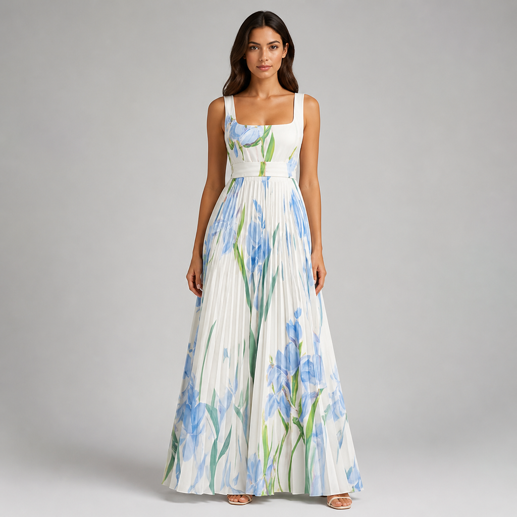 Square Neck Pleated Maxi Dress - Elegant Watercolor Floral Belted Gown - Luxxella