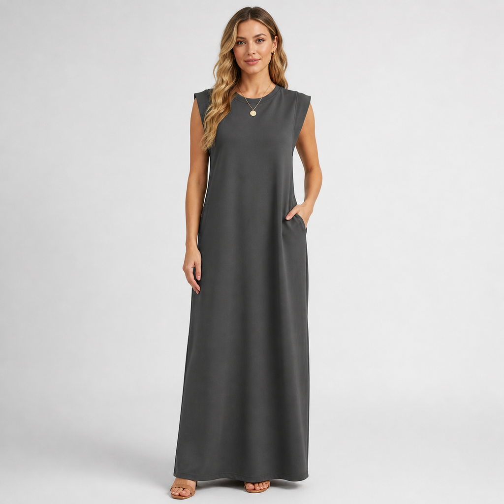 Crew Neck Maxi Column Dress - Sleeveless Padded Shoulder Long Sundress with Pockets - Luxxella
