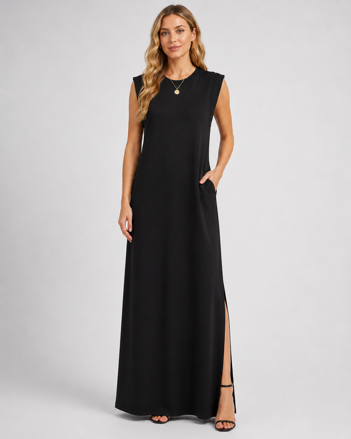 Crew Neck Maxi Column Dress - Sleeveless Padded Shoulder Long Sundress with Pockets - Luxxella