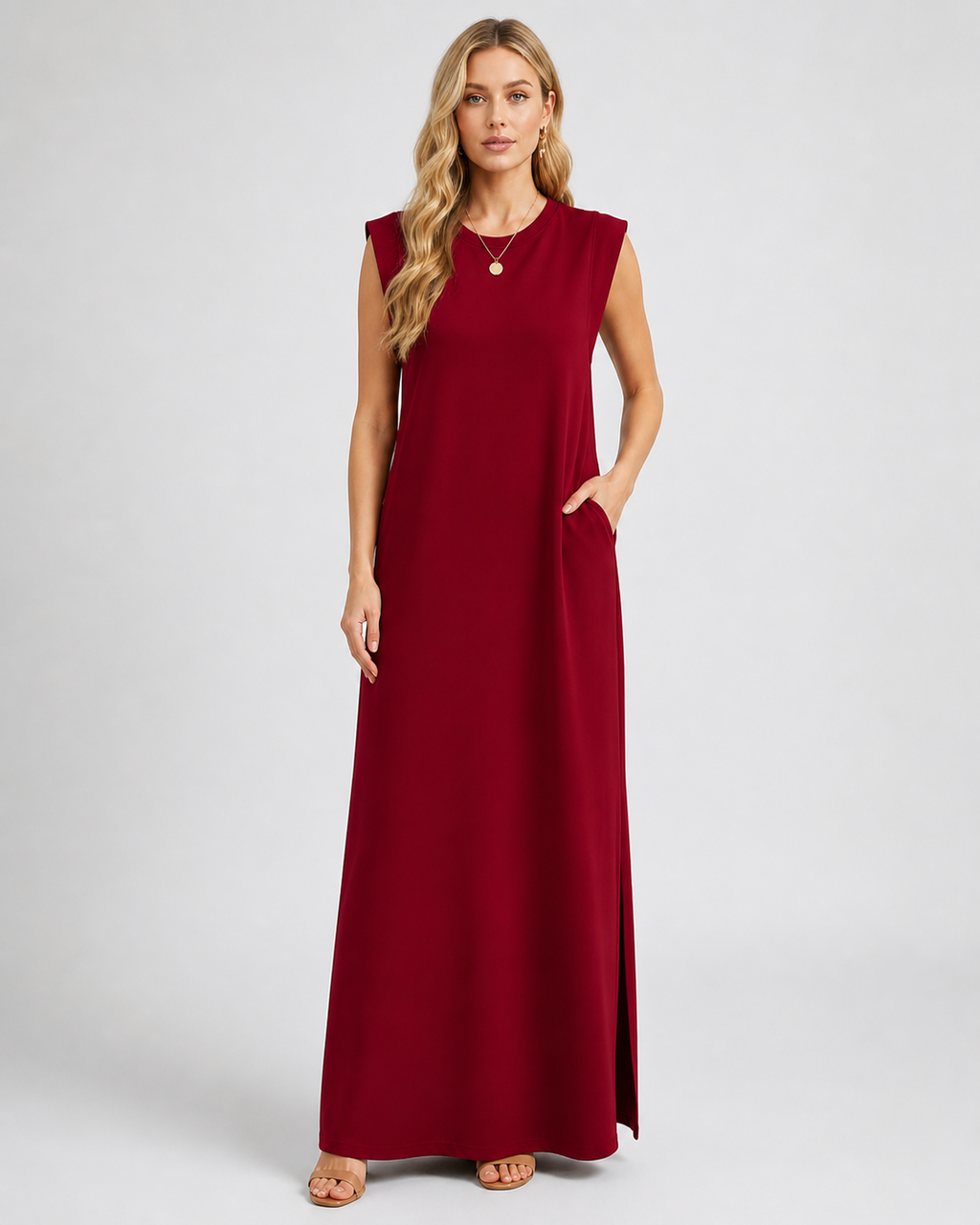 Crew Neck Maxi Column Dress - Sleeveless Padded Shoulder Long Sundress with Pockets - Luxxella