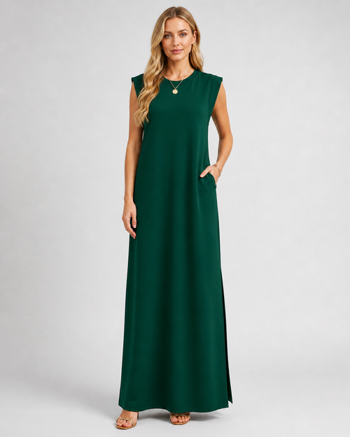 Crew Neck Maxi Column Dress - Sleeveless Padded Shoulder Long Sundress with Pockets - Luxxella