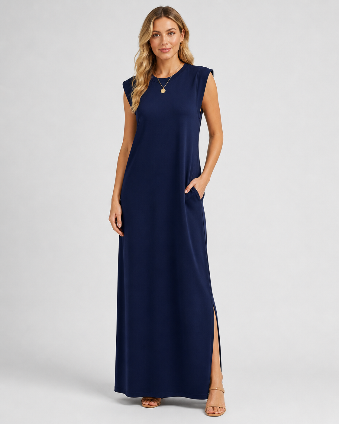 Crew Neck Maxi Column Dress - Sleeveless Padded Shoulder Long Sundress with Pockets - Luxxella
