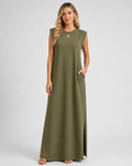 Crew Neck Maxi Column Dress - Sleeveless Padded Shoulder Long Sundress with Pockets - Luxxella