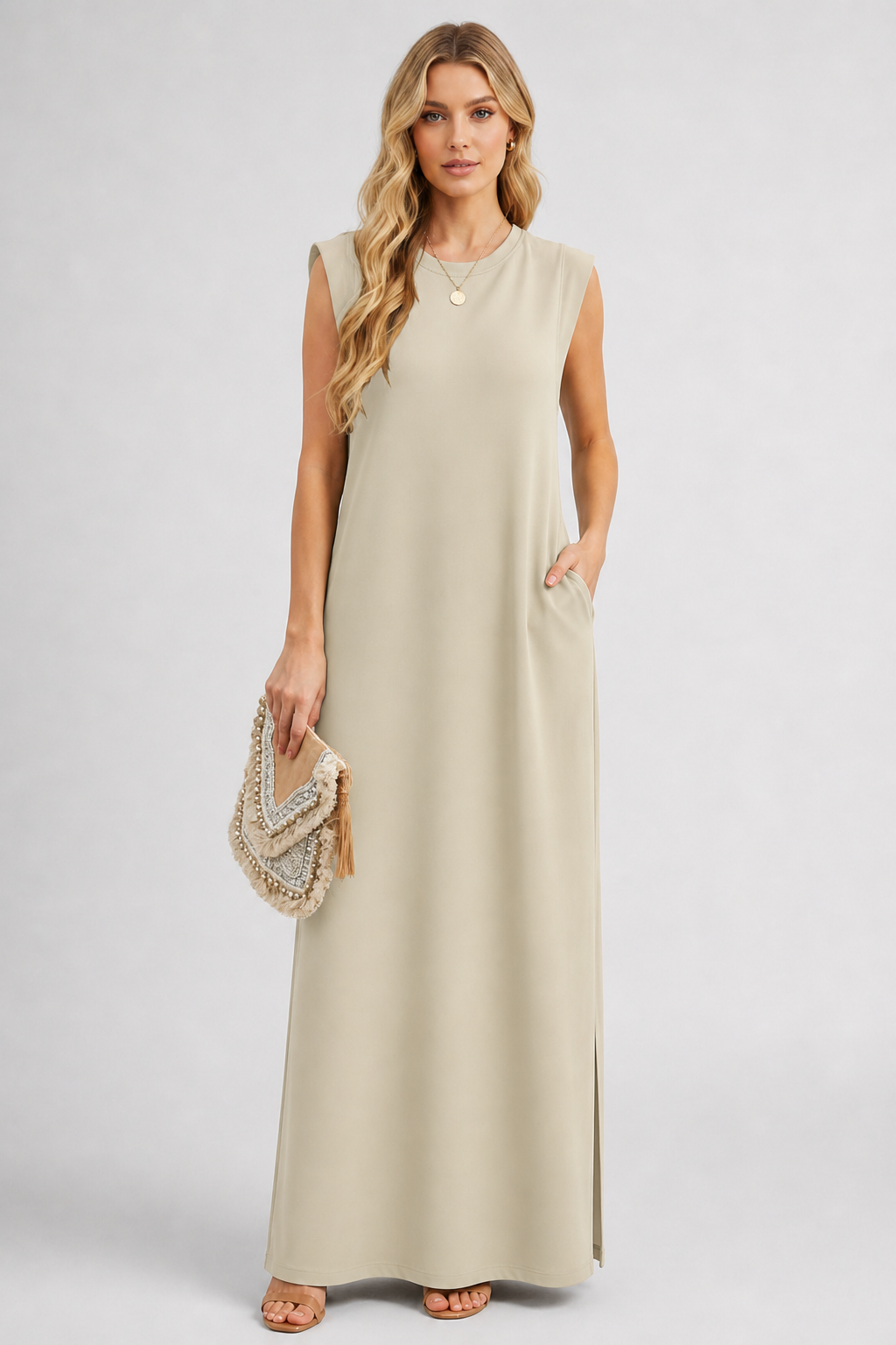 Crew Neck Maxi Column Dress - Sleeveless Padded Shoulder Long Sundress with Pockets - Luxxella