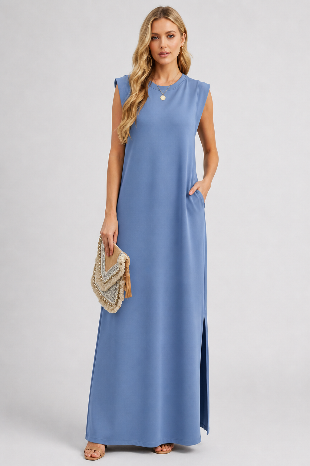 Crew Neck Maxi Column Dress - Sleeveless Padded Shoulder Long Sundress with Pockets - Luxxella