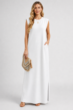 Crew Neck Maxi Column Dress - Sleeveless Padded Shoulder Long Sundress with Pockets - Luxxella