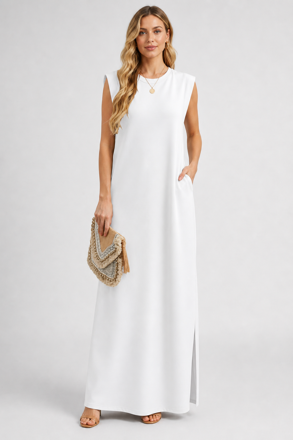 Crew Neck Maxi Column Dress - Sleeveless Padded Shoulder Long Sundress with Pockets - Luxxella