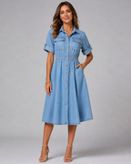 Denim Button Down Shirt Dress - Short Sleeve A-Line Midi Jean Dress - Luxxella