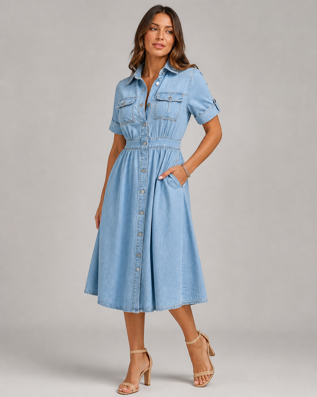 Denim Button Down Shirt Dress - Short Sleeve A-Line Midi Jean Dress - Luxxella