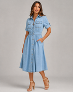 Denim Button Down Shirt Dress - Short Sleeve A-Line Midi Jean Dress - Luxxella