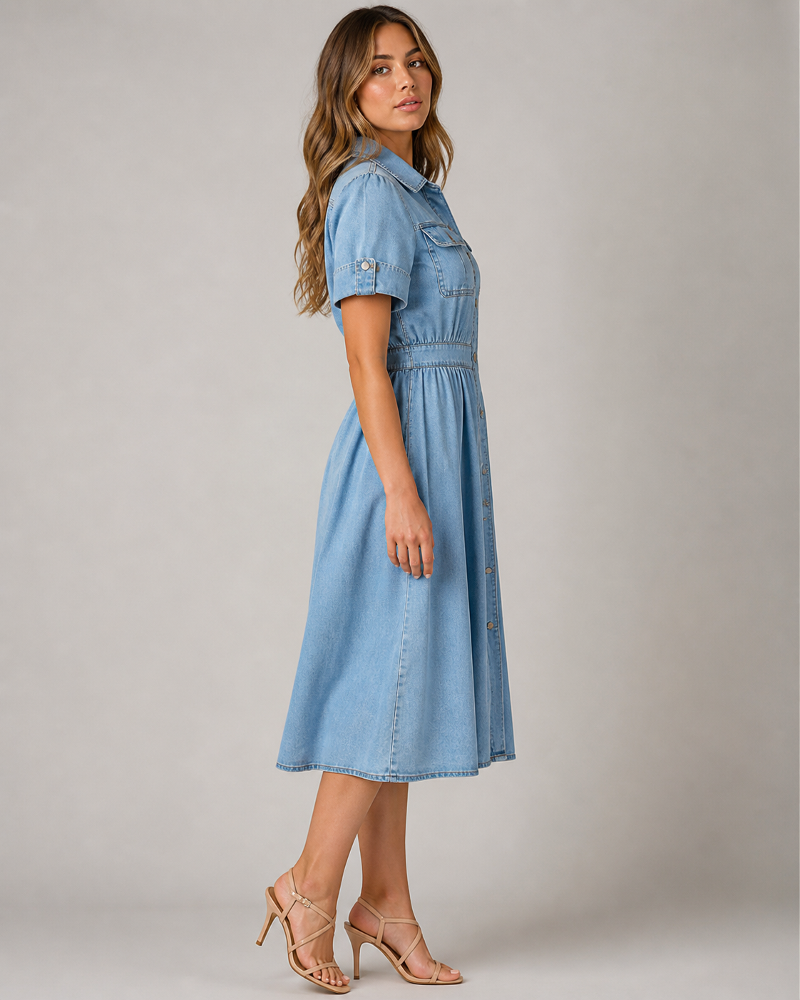 Denim Button Down Shirt Dress - Short Sleeve A-Line Midi Jean Dress - Luxxella