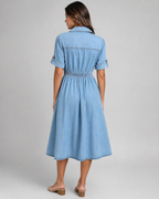Denim Button Down Shirt Dress - Short Sleeve A-Line Midi Jean Dress - Luxxella