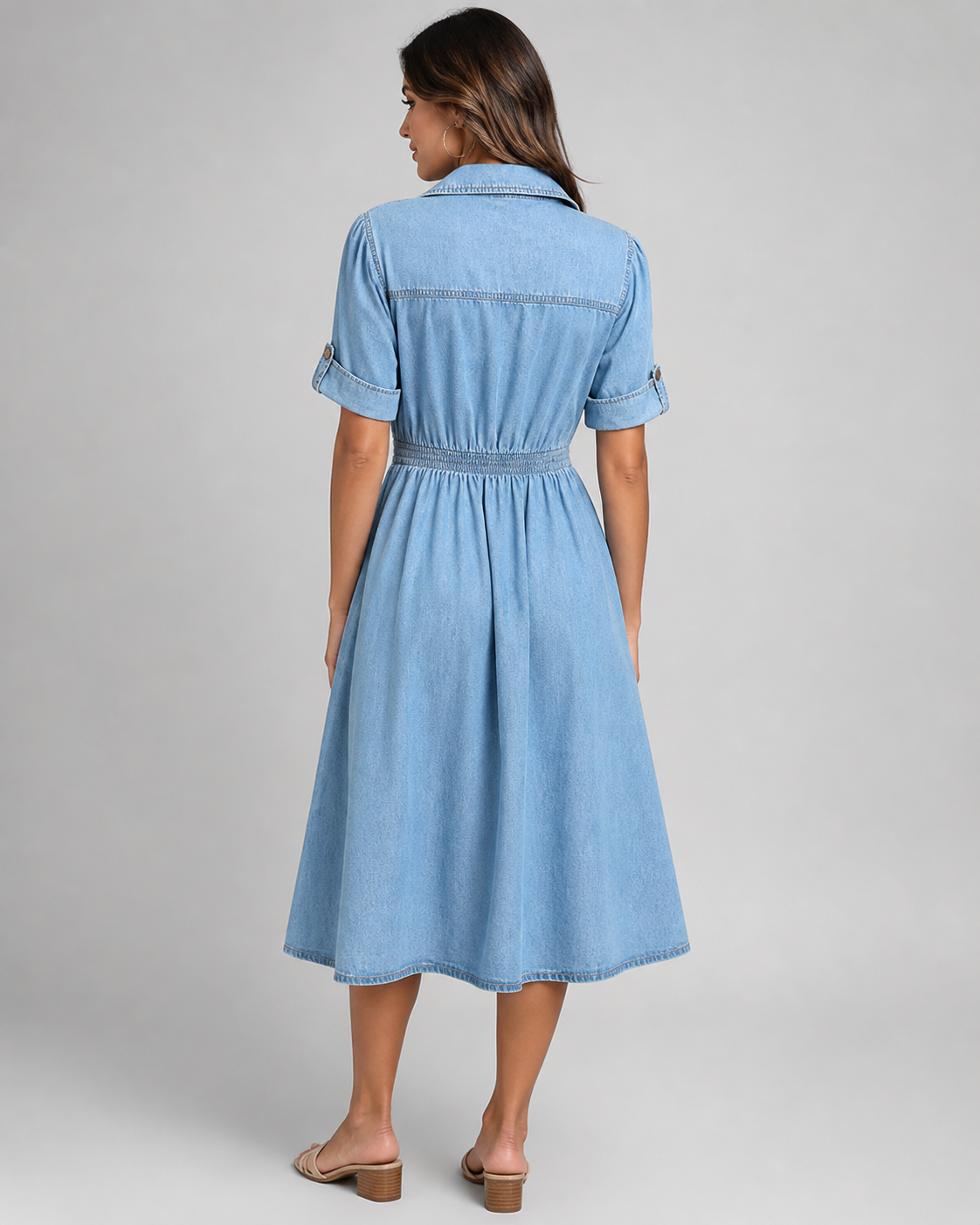 Denim Button Down Shirt Dress - Short Sleeve A-Line Midi Jean Dress - Luxxella