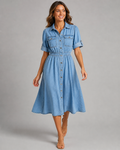 Denim Button Down Shirt Dress - Short Sleeve A-Line Midi Jean Dress - Luxxella