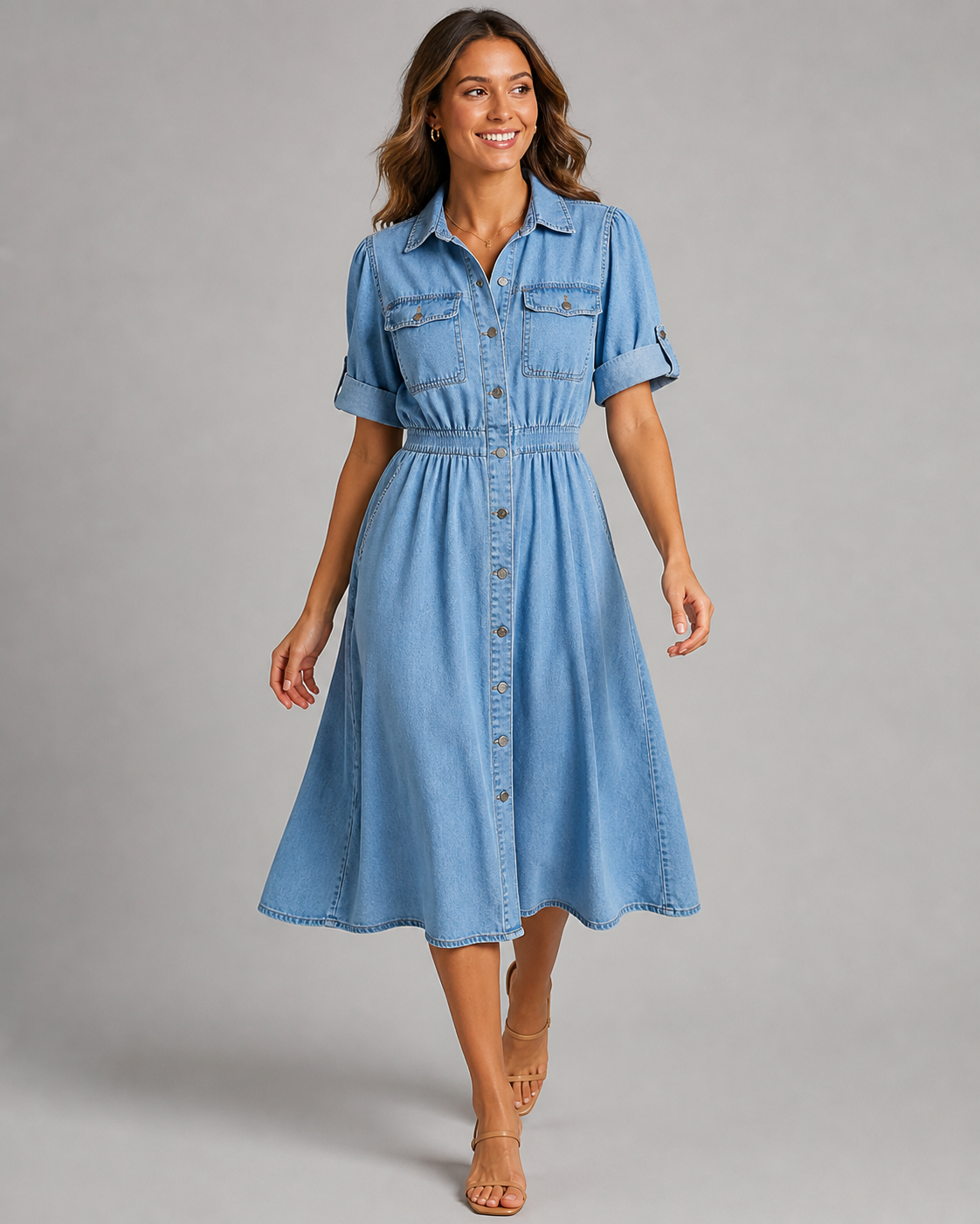 Denim Button Down Shirt Dress - Short Sleeve A-Line Midi Jean Dress - Luxxella