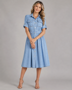 Denim Button Down Shirt Dress - Short Sleeve A-Line Midi Jean Dress - Luxxella