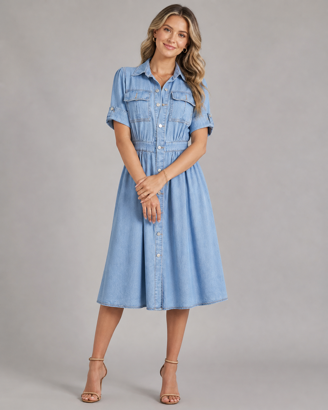 Denim Button Down Shirt Dress - Short Sleeve A-Line Midi Jean Dress - Luxxella