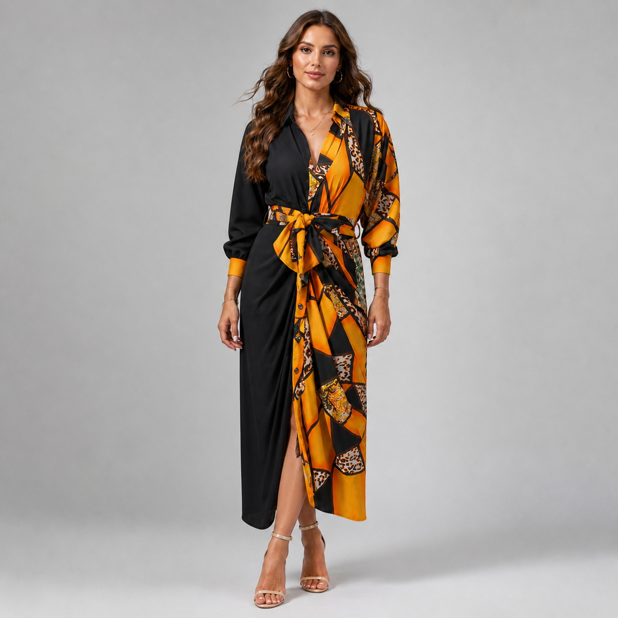Baroque Print V-Neck Dress – Long Sleeve Ruched Tie-Waist Maxi with Front Split & Lapel Collar - Luxxella