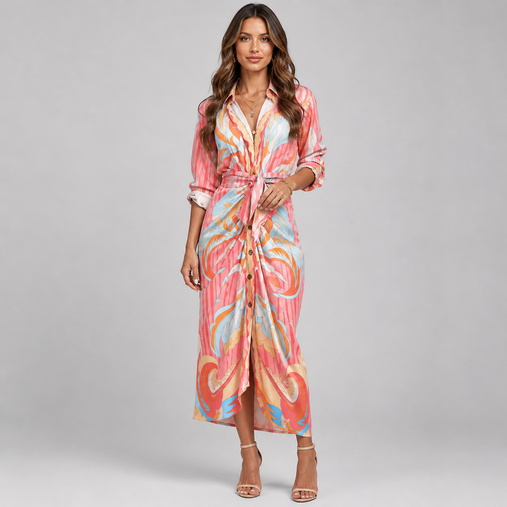 Baroque Print V-Neck Dress – Long Sleeve Ruched Tie-Waist Maxi with Front Split & Lapel Collar - Luxxella