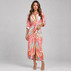 Baroque Print V-Neck Dress – Long Sleeve Ruched Tie-Waist Maxi with Front Split & Lapel Collar - Luxxella