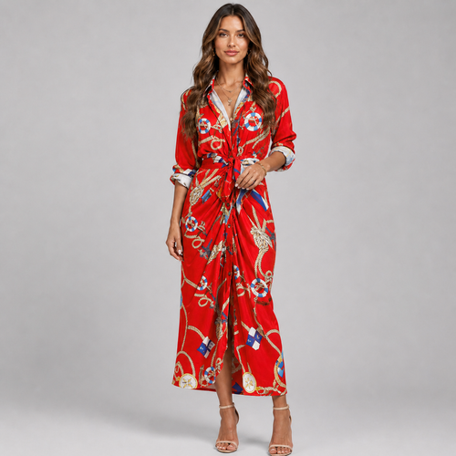 Baroque Print V-Neck Dress – Long Sleeve Ruched Tie-Waist Maxi with Front Split & Lapel Collar - Luxxella
