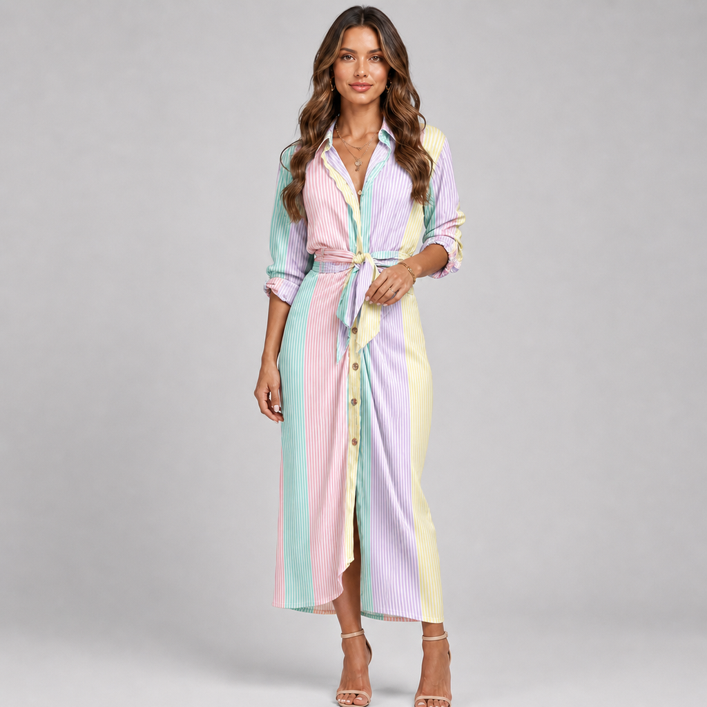 Baroque Print V-Neck Dress – Long Sleeve Ruched Tie-Waist Maxi with Front Split & Lapel Collar - Luxxella