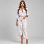 Baroque Print V-Neck Dress – Long Sleeve Ruched Tie-Waist Maxi with Front Split & Lapel Collar - Luxxella