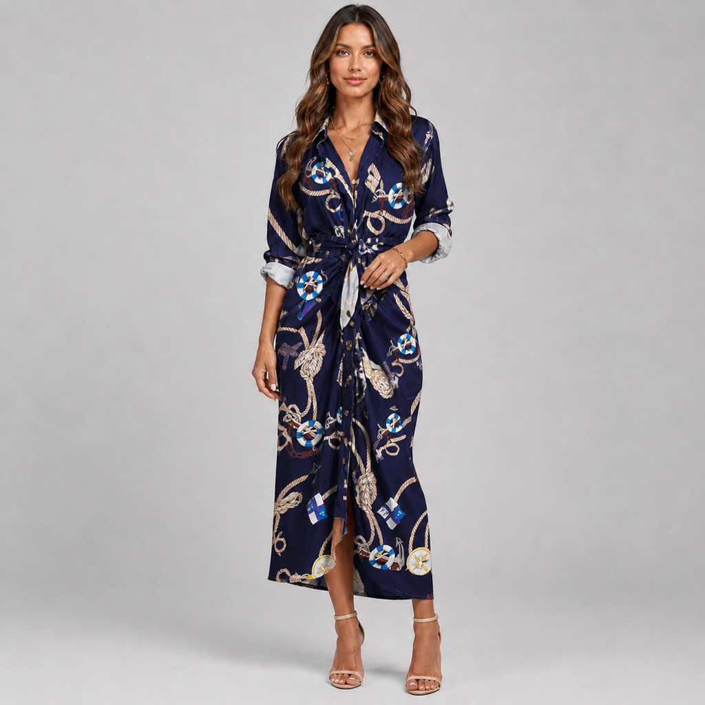 Baroque Print V-Neck Dress – Long Sleeve Ruched Tie-Waist Maxi with Front Split & Lapel Collar - Luxxella