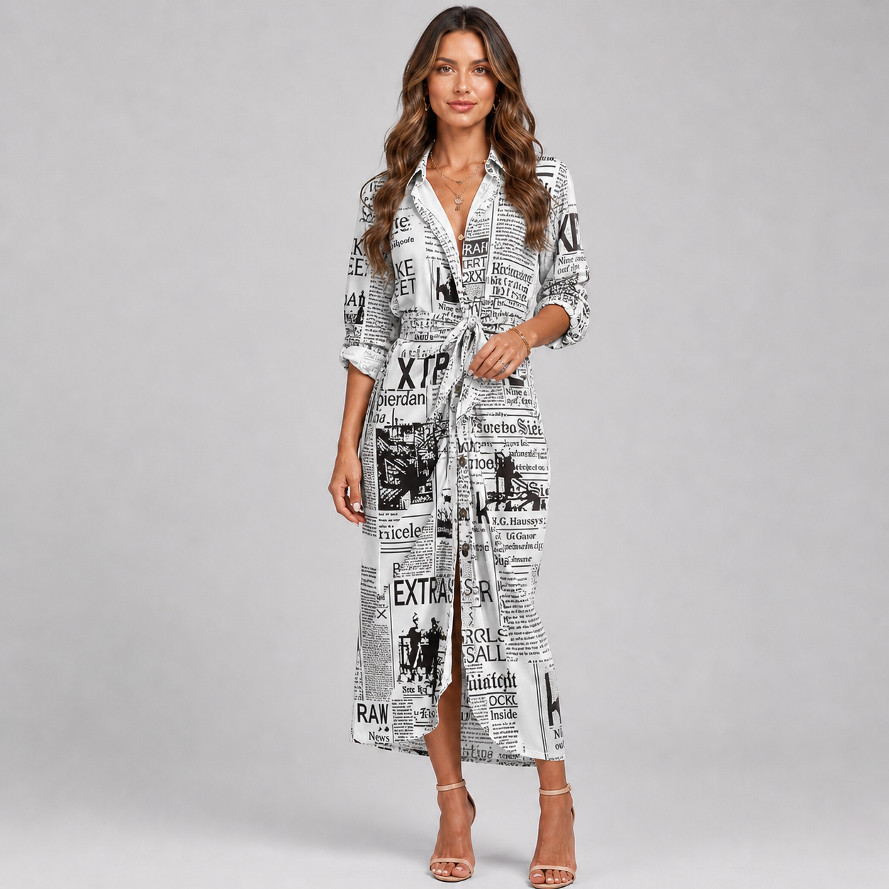 Baroque Print V-Neck Dress – Long Sleeve Ruched Tie-Waist Maxi with Front Split & Lapel Collar - Luxxella