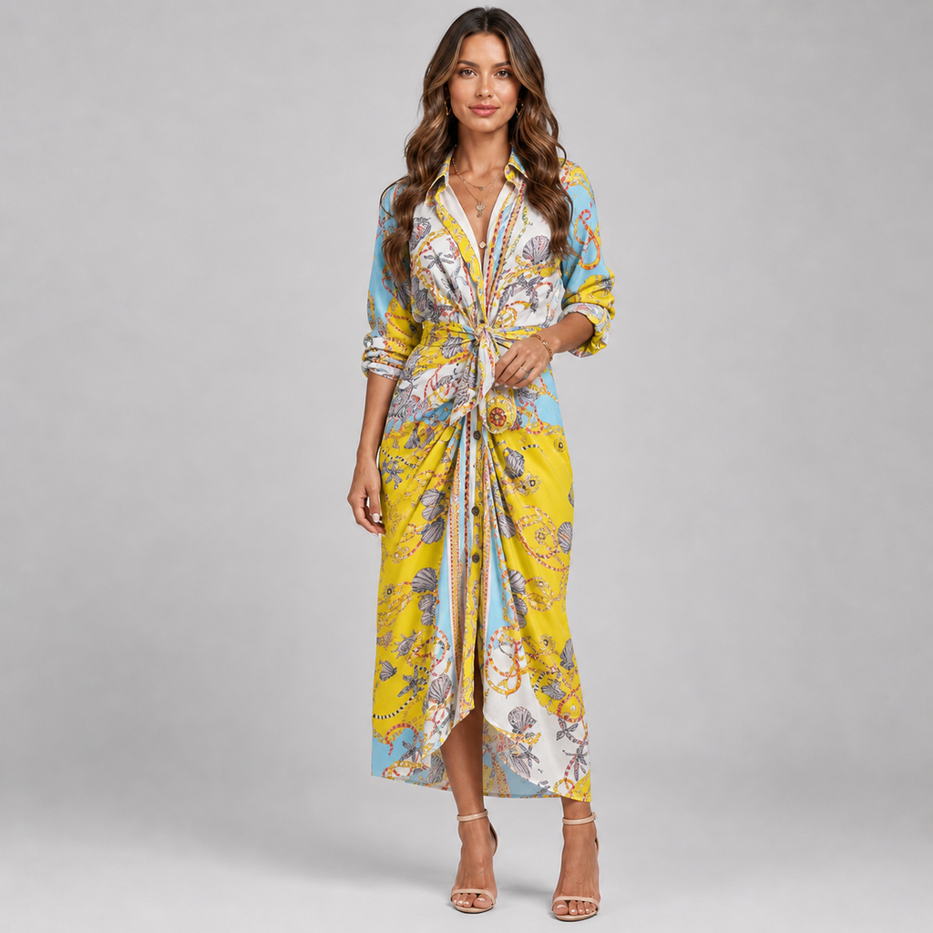 Baroque Print V-Neck Dress – Long Sleeve Ruched Tie-Waist Maxi with Front Split & Lapel Collar - Luxxella