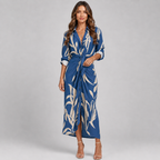 Baroque Print V-Neck Dress – Long Sleeve Ruched Tie-Waist Maxi with Front Split & Lapel Collar - Luxxella