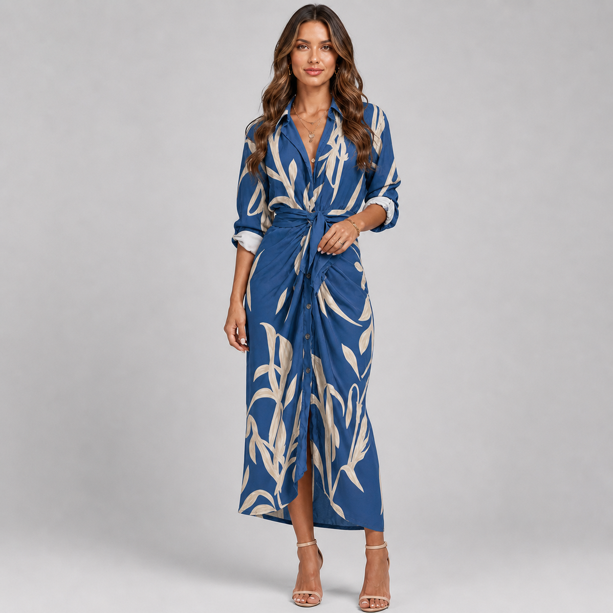 Baroque Print V-Neck Dress – Long Sleeve Ruched Tie-Waist Maxi with Front Split & Lapel Collar - Luxxella