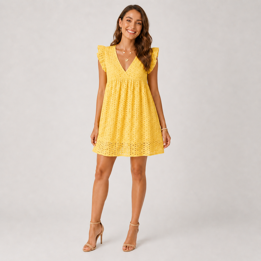 Summer Eyelet Lace Mini Dress – V-Neck Ruffle Flutter Sleeve Sundress - Luxxella