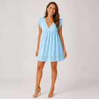 Summer Eyelet Lace Mini Dress – V-Neck Ruffle Flutter Sleeve Sundress - Luxxella