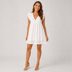 Summer Eyelet Lace Mini Dress – V-Neck Ruffle Flutter Sleeve Sundress - Luxxella