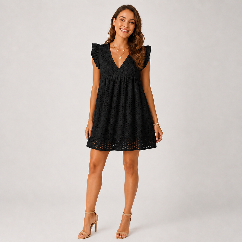 Summer Eyelet Lace Mini Dress – V-Neck Ruffle Flutter Sleeve Sundress - Luxxella