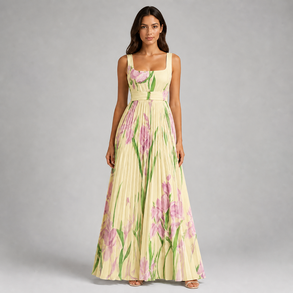 Square Neck Pleated Maxi Dress - Elegant Watercolor Floral Belted Gown - Luxxella